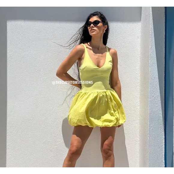 ZARA V-Neck Balloon Mini Dress NWT | Yellow Knit Blogger Fave - Picture 8 of 16